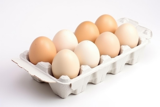 Huevos de gallina crudos frescos en caja de cartón sobre fondo blanco.