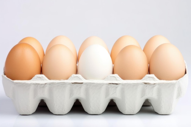 Huevos de gallina crudos frescos en caja de cartón sobre fondo blanco.