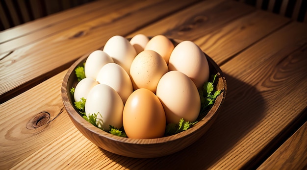 huevos de gallina en una ficha de madera