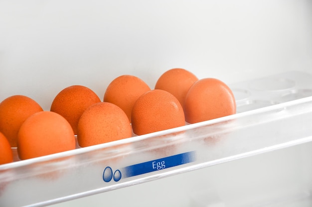 Huevos de gallina frescos en el estante de huevos en el concepto de tiempo de desayuno de espacio de copia de refrigerador