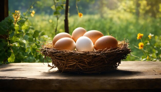 Foto huevos de gallina frescos en un nido en un hermoso fondo natural