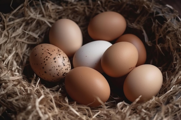 Huevos de gallina en heno de una granja orgánica Generar Ai