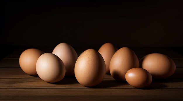 Huevos de gallina en una mesa de madera