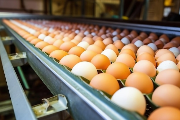 Los huevos de gallina se mueven a lo largo de un transportador en una granja avícola El concepto de la industria alimentaria de la producción de huevos de pollo