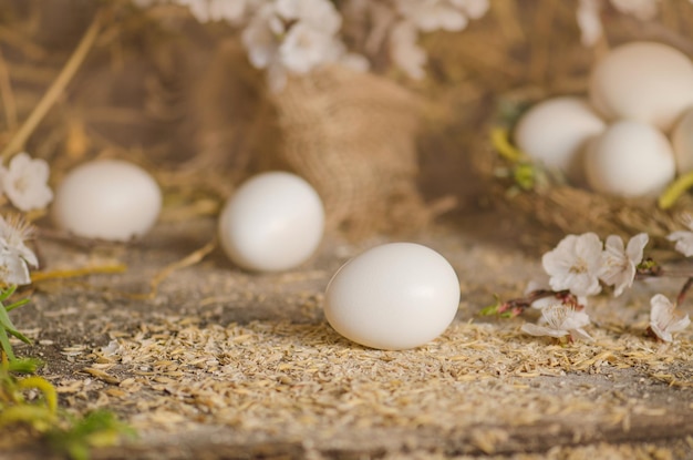 Huevos de gallina en el nido de paja junto a tres huevos de gallina sobre un fondo de panel de madera