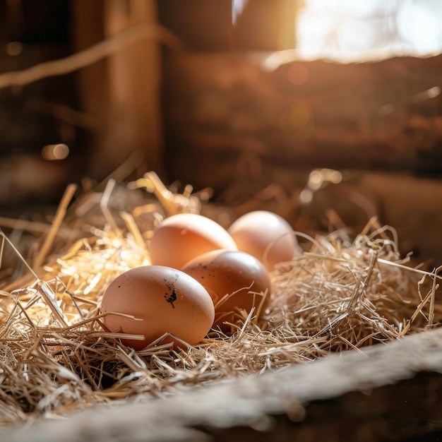 Huevos de gallina en paja en el gallinero