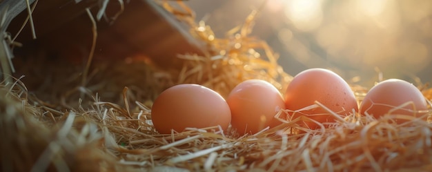 Huevos de gallina en paja en el gallinero