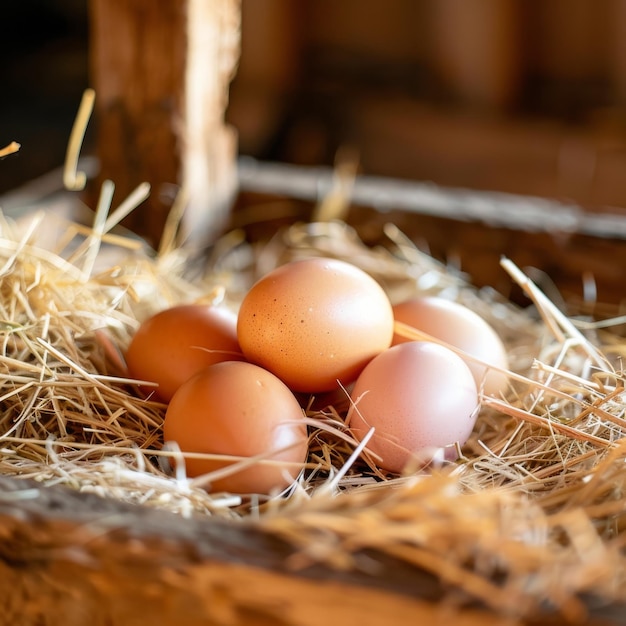 Huevos de gallina en paja en el gallinero