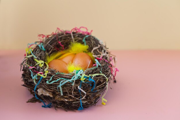 Huevos de gallina de Pascua en nido sobre fondo rosa imágenes coloridas con plumas naturales