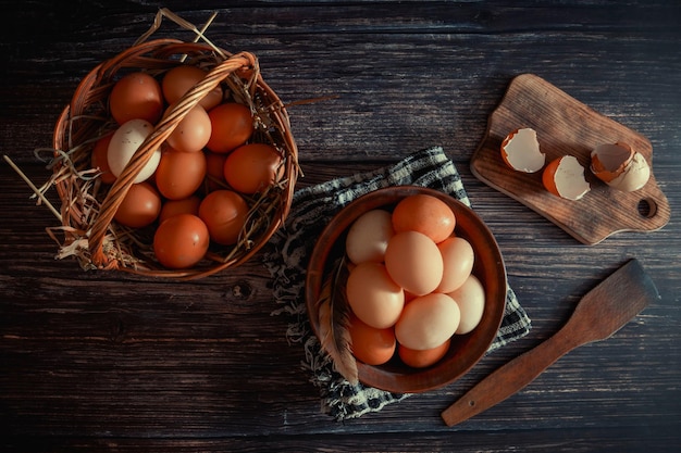 Huevos de gallina en un plato de barro y una cesta sobre la mesa