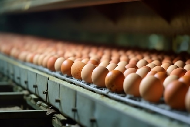 Huevos de gallina que se mueven a lo largo de un transportador en una granja avícola Agricultura Fábrica de agricultura Industria alimentaria IA