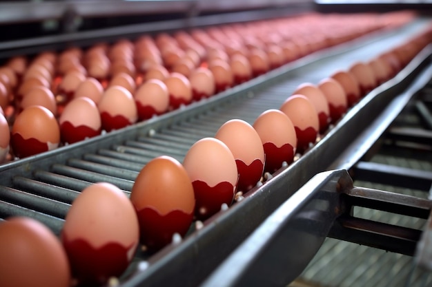 Huevos de gallina que se mueven a lo largo de un transportador en una granja avícola Agricultura Fábrica de agricultura Industria alimentaria IA