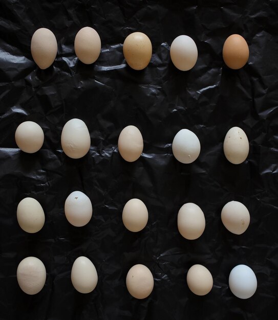 Huevos de gallina sobre un fondo negro Los huevos de gallina son simétricos Unos pocos huevos sobre un fondo negro