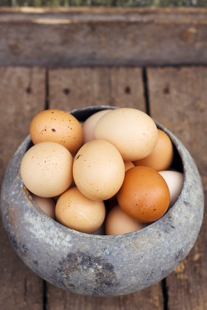 Huevos de granja frescos en olla vintage antiguo con foto vertical Concepto de comida sana y natural