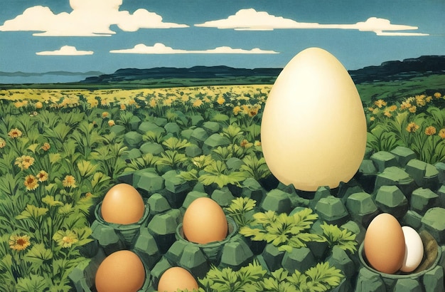 Huevos en hermosos paisajes naturales Tema de caza de huevos de Pascua Huevos de granja Generados por IA