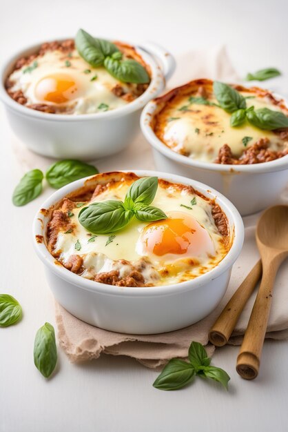 Huevos italianos al horno con carne y queso decorados con albahaca