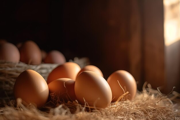 Huevos marrones en heno en un gallinero en una granja Generado ai