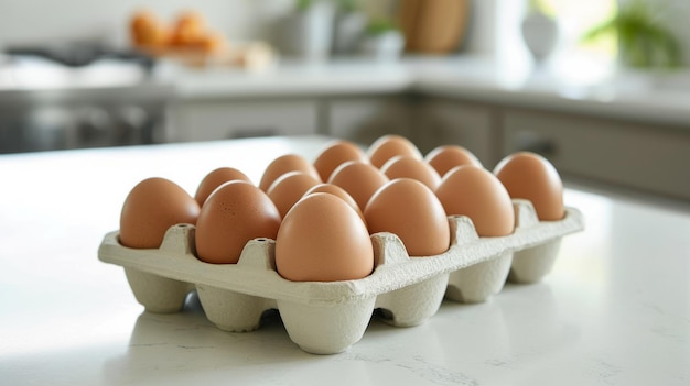 Huevos marrones orgánicos en una caja en el mostrador de la cocina