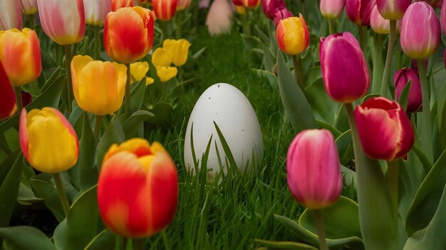 Huevos en medio de tulipanes