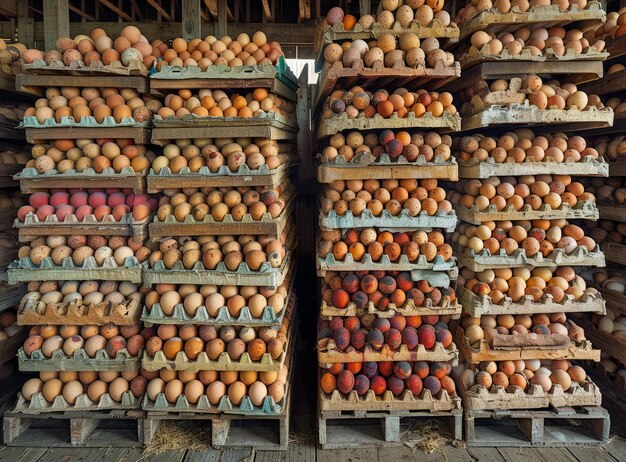 Huevos y melocotones en cajas en el mercado