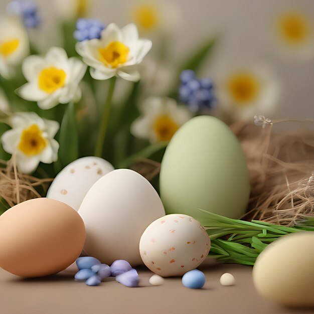 huevos en una mesa con flores en el fondo