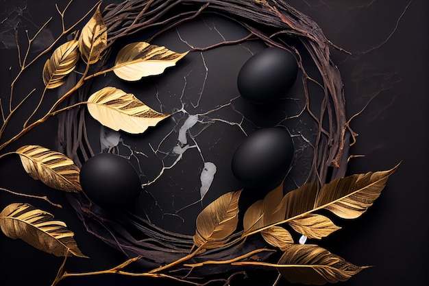 Huevos negros con hojas de oro y hojas de oro sobre fondo negro