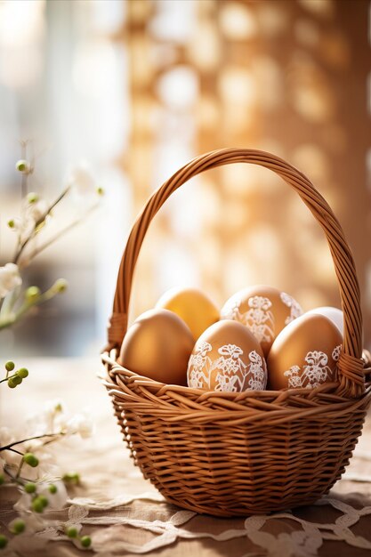 Huevos de oro en una canasta tejida con luz de fondo cálida