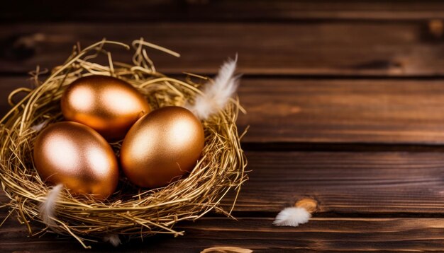 Huevos de oro en el nido en una mesa de madera Feliz fondo de Pascua