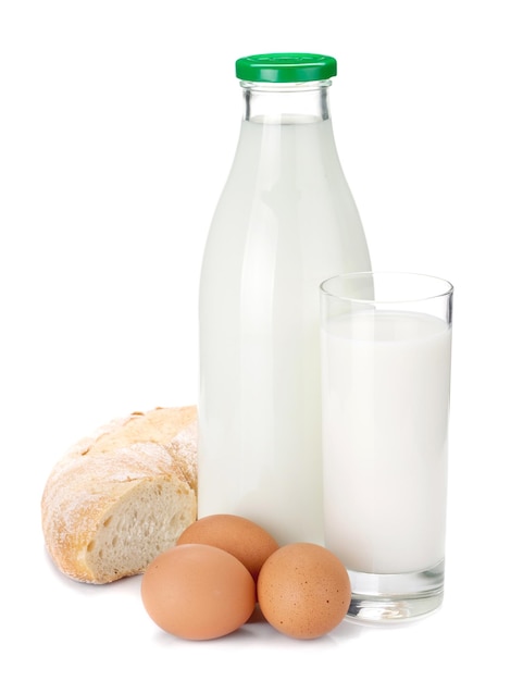 Huevos y pan de vidrio de botella de leche