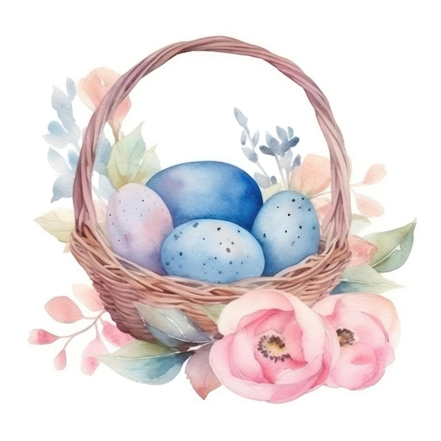 Huevos de Pascua de acuarela en una canasta con flores.