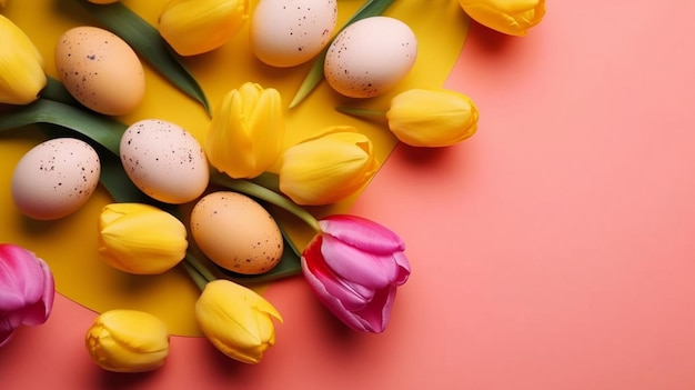 Huevos de Pascua amarillos y rosas con un tulipán rosa sobre un fondo amarillo.