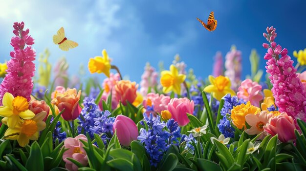 Huevos de Pascua anidados en la hierba con flores y una mariposa en un paisaje natural