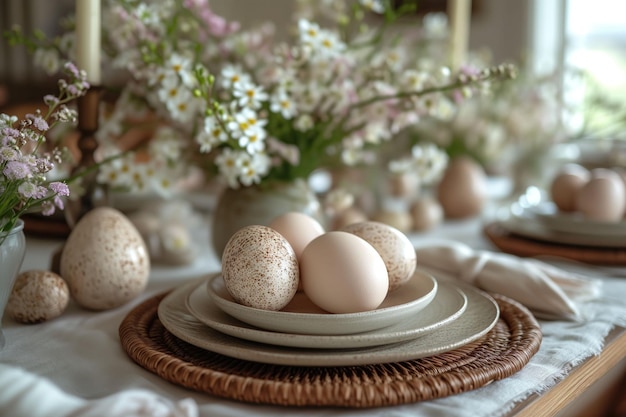 Foto huevos de pascua artesanales placas hechas a mano paleta de naturezas mientras las flores de primavera se despliegan tiernamente