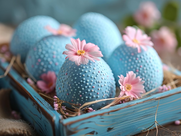 Huevos de Pascua azules en una bandeja con flores