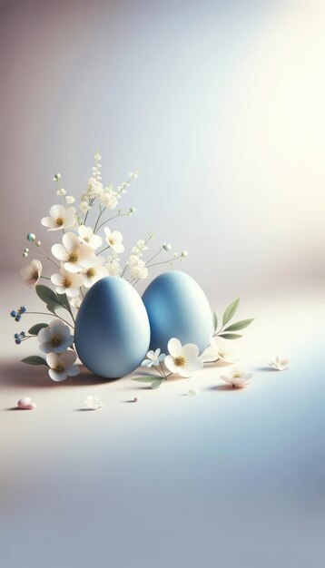 Huevos de Pascua azules con flores de primavera sobre un fondo blanco