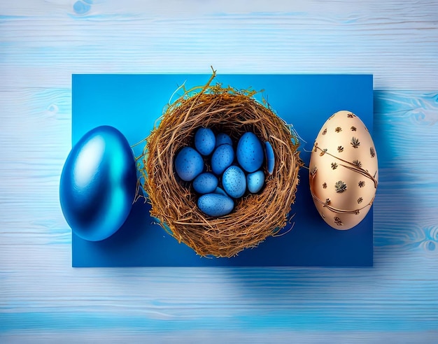 Huevos de Pascua azules en un nido y un nido sobre un fondo azul.