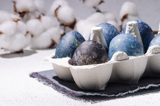 Huevos de pascua azules teñidos con té de hibisco en un cartón de huevos sobre un fondo de hormigón blanco