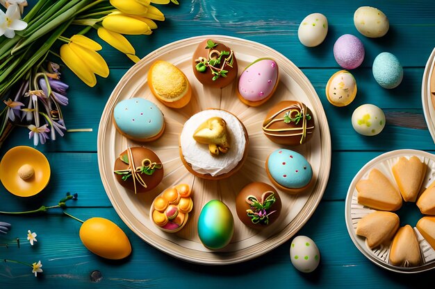 huevos de Pascua en una bandeja con huevos de pascua en un fondo azul