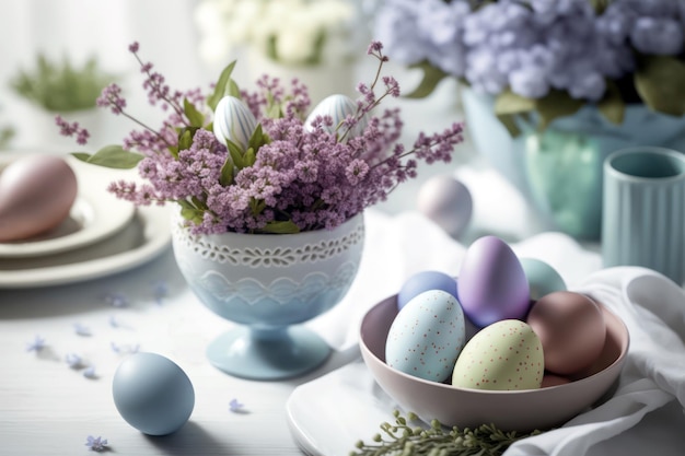 Huevos de Pascua en un bol con flores al fondo