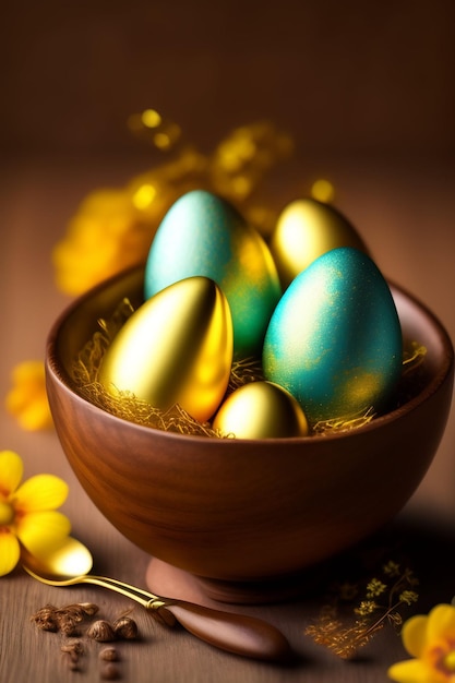 Huevos de Pascua en un bol con flores amarillas