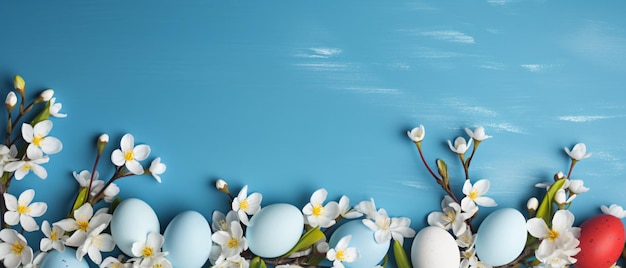 Huevos de Pascua y borde de flores de primavera en fondo azul