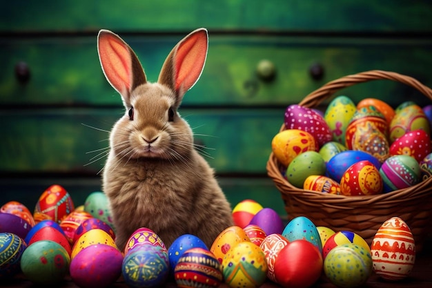Huevos de Pascua brillantes en una canasta de mimbre y una figura de conejo en la mesa en el interior