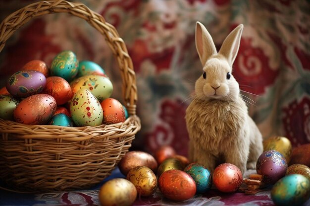 Huevos de Pascua brillantes en una canasta de mimbre y una figura de conejo en la mesa en el interior