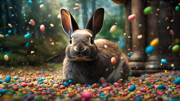 Los huevos de Pascua de Bunny están rodeados de coloridos confett.