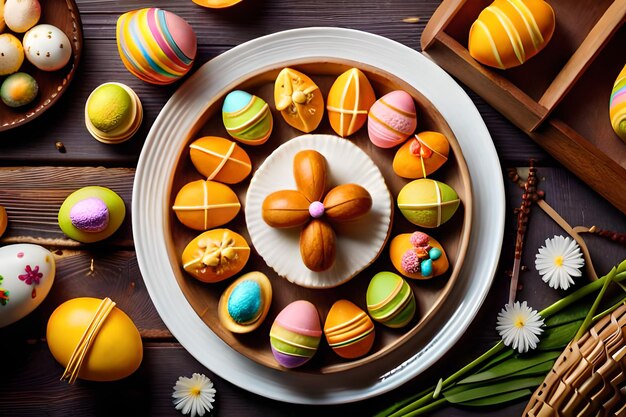 huevos de Pascua en una caja con flores en la mesa