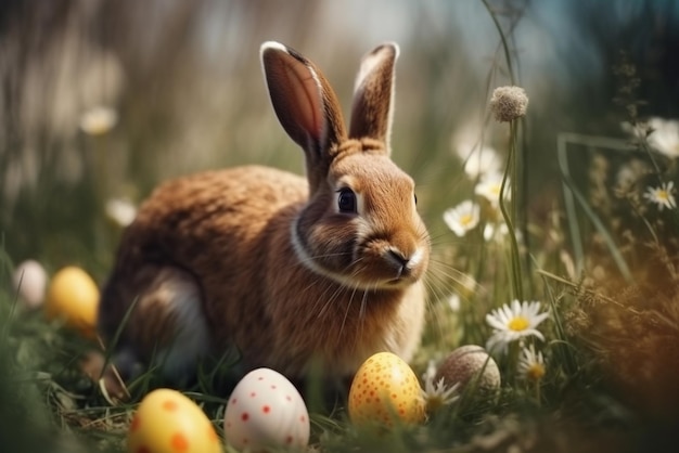 Huevos de Pascua en un campo con un conejo.