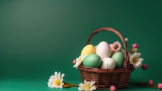 huevos de pascua en canasta aislados en fondo verde con espacio de copia para vacaciones de primavera IA generativa