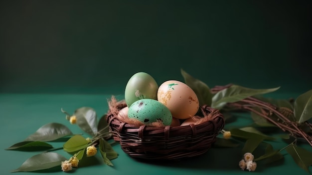 huevos de pascua en canasta aislados en fondo verde con espacio de copia para vacaciones de primavera IA generativa