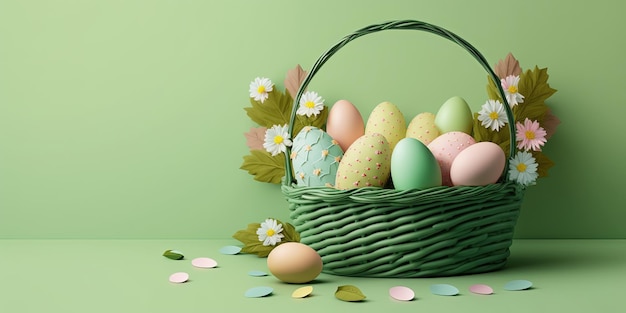 Huevos de Pascua en canasta aislados en fondo verde con espacio para copiar para las vacaciones de primavera