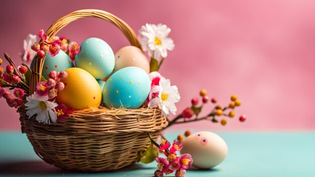 Huevos de Pascua en una canasta con algunas flores en fondo rosa